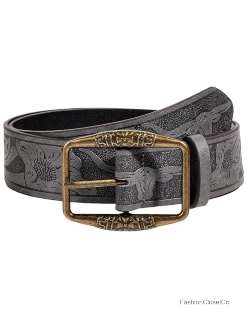 Faux Leather Western Floral Belt Gold Buckle Skinny Vintage